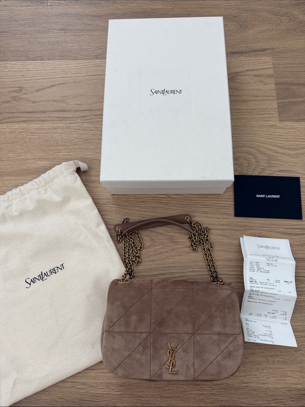 Saint Laurent Taupe Suede Quilted Shoulder Bag with Chain